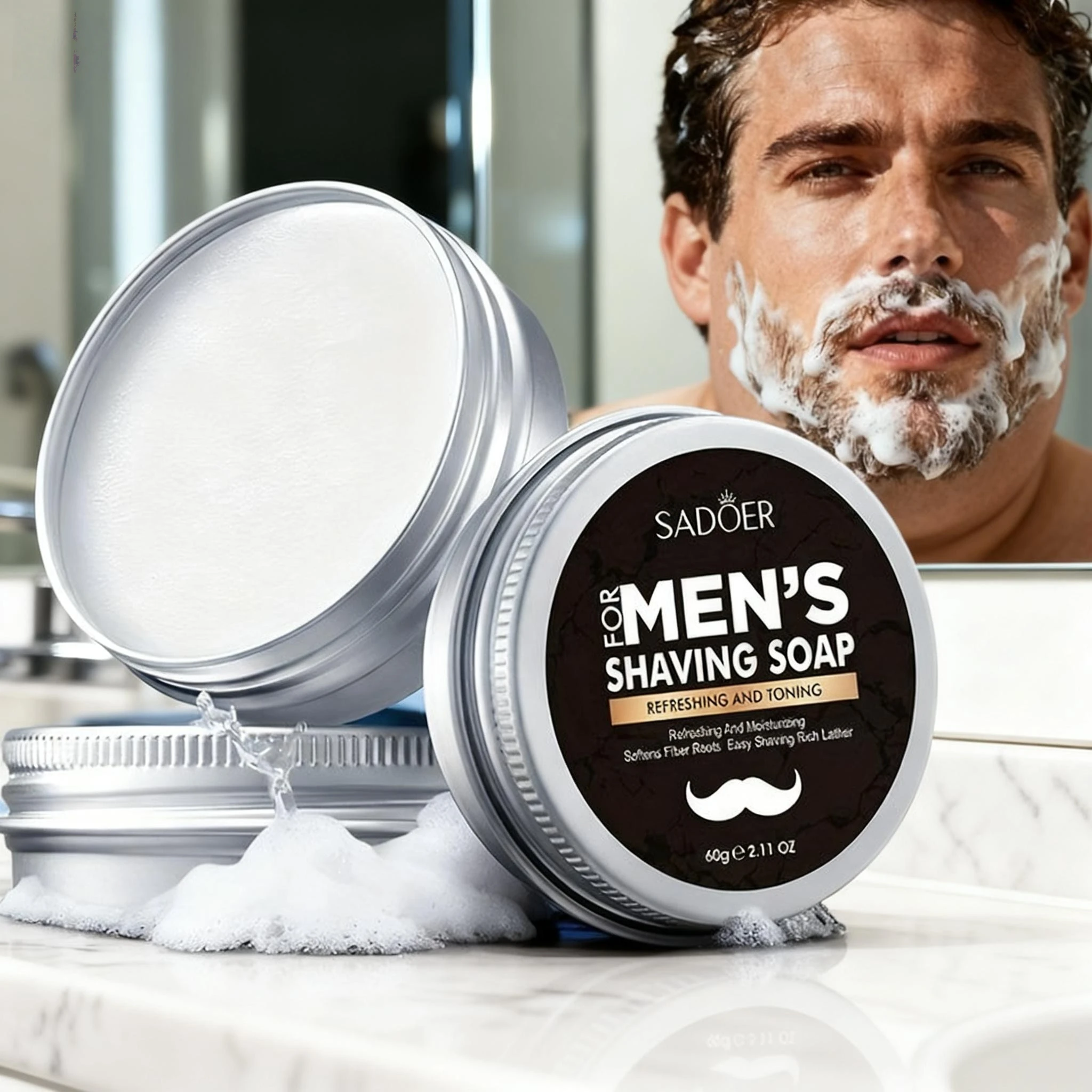 60g Men's Shaving Soap Contains Mint Extract, Olive Fruit Oil, and Tocopherol, Does Not Harm the Skin, Softens the Beard for a Smooth Shave, Has Thick and Fine Foam, Easily Softens the Beard, Making Shaving Smoother.