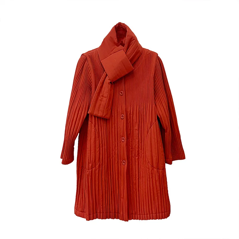 Scarf Collar Pleated 2024 Autumn Winter New Medium-length Cotton Jacket Fashion Loose Leisure Solid Colour Row Buttons Jacket