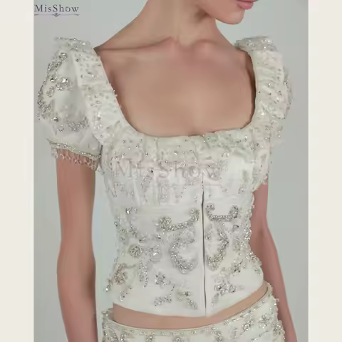 MisShow 2-piece set Prom Dress Elegant Beaded Scoop Neck Short Sleeve A-Line Evening Dress Customized Saudi Wedding Party Gowns