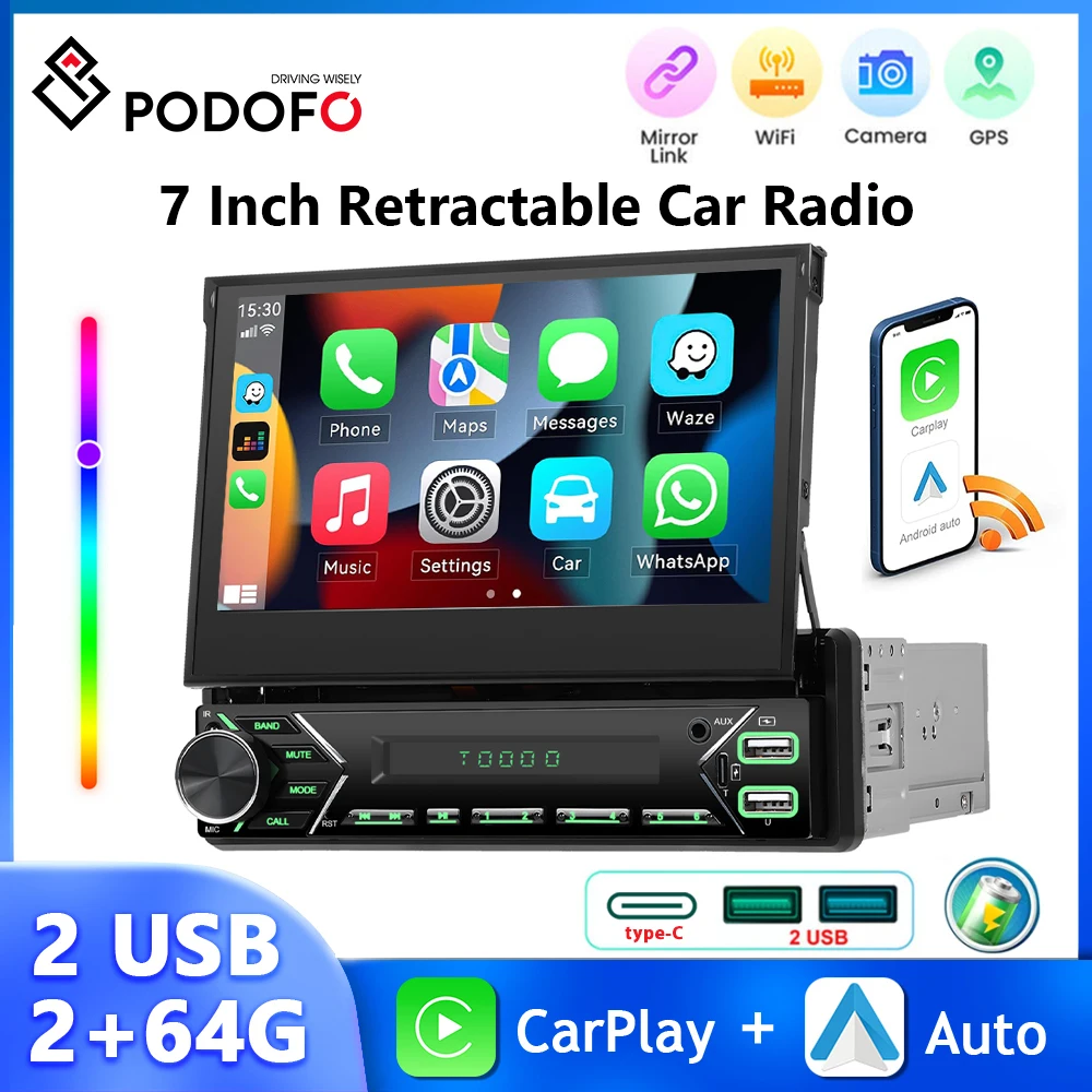 

Podofo 1Din MP5 Player/Android Car Radio 2+64G 7'' Multimedia Player Carplay Android Auto GPS Navigation WIFI FM/RDS Car Stereo