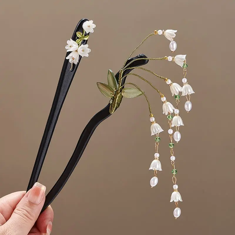 Pasadores de Pelo Acrílicos con Flecos Largos de Perlas de Imitación y Hojas de Lirio de los Valles para Mujer, Accesorios para el Cabello Vintage