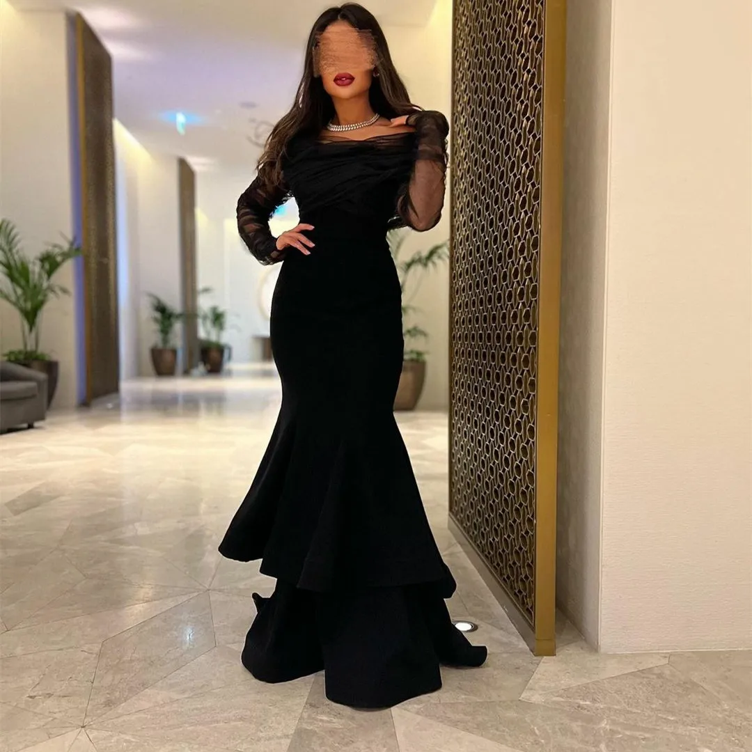 

Elegant Long Sleeve Evening Dresses Mermaid Black Crepe Sweep Train فساتين سهرة Formal Dress for Women Party Abiye Ballkleider