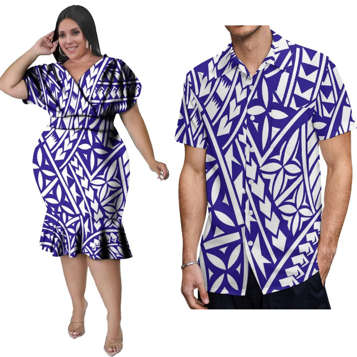 Ustom Men'S Shirt 9xl And Women'S V-Neck Dress 5xl Polynesian Design Printed Couple Set 