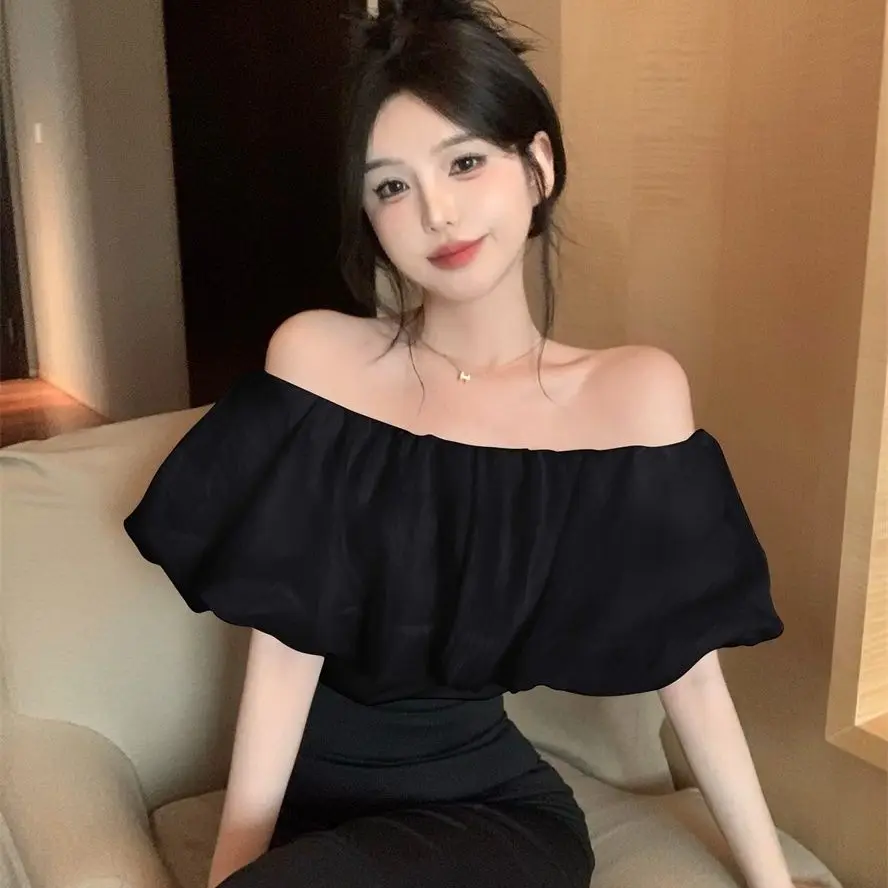 French Style Blouses Women Ruched Ruffles Slash Neck Slim Solid Elegant Ladies Hot Sweet Summmer Personality Stylish Fairycore