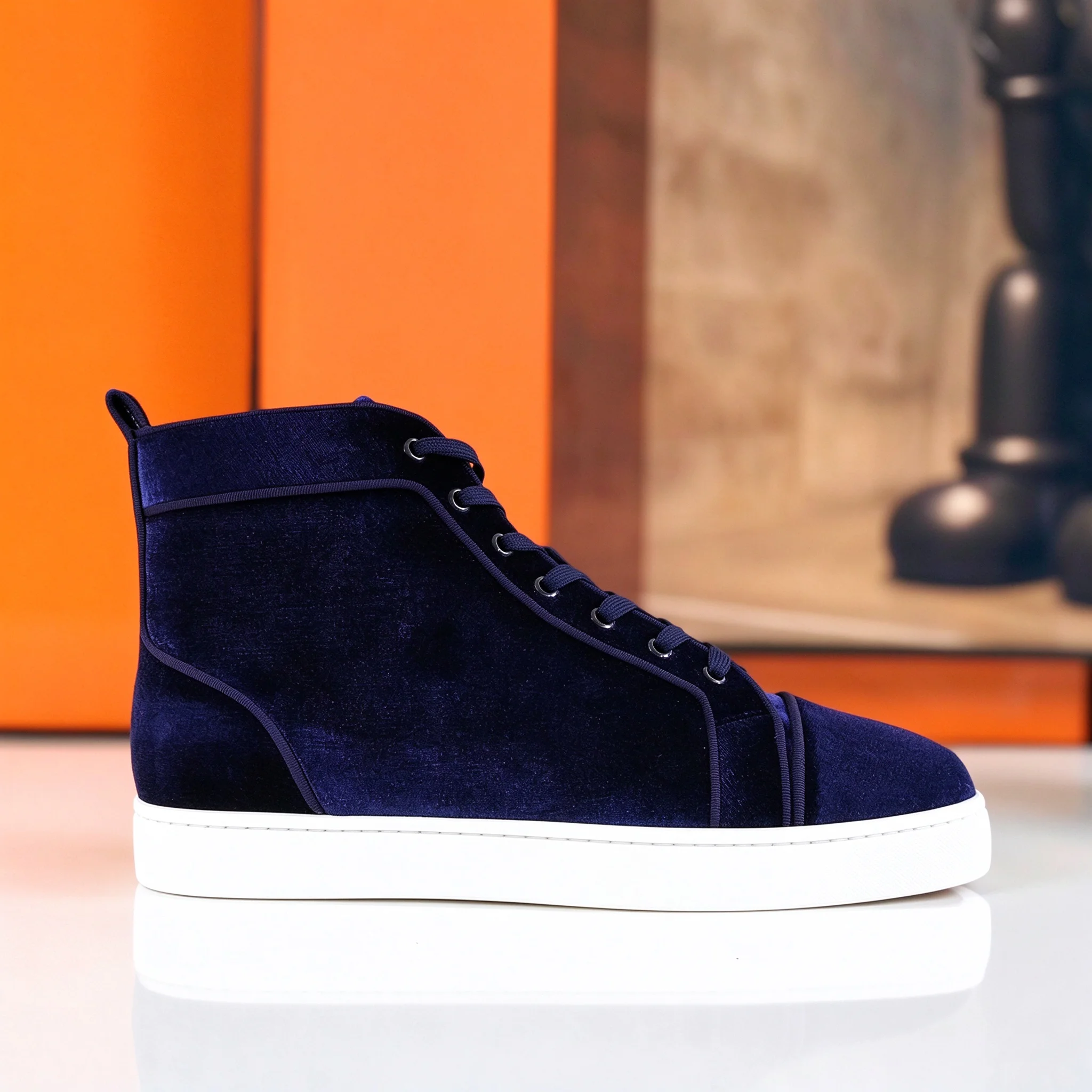 Luxury High Top Blue Velvet Leather Shoes Female Spiked Studded Lace Up Red Bottom Shoes For Men Fashion Wedding Casual Shoes