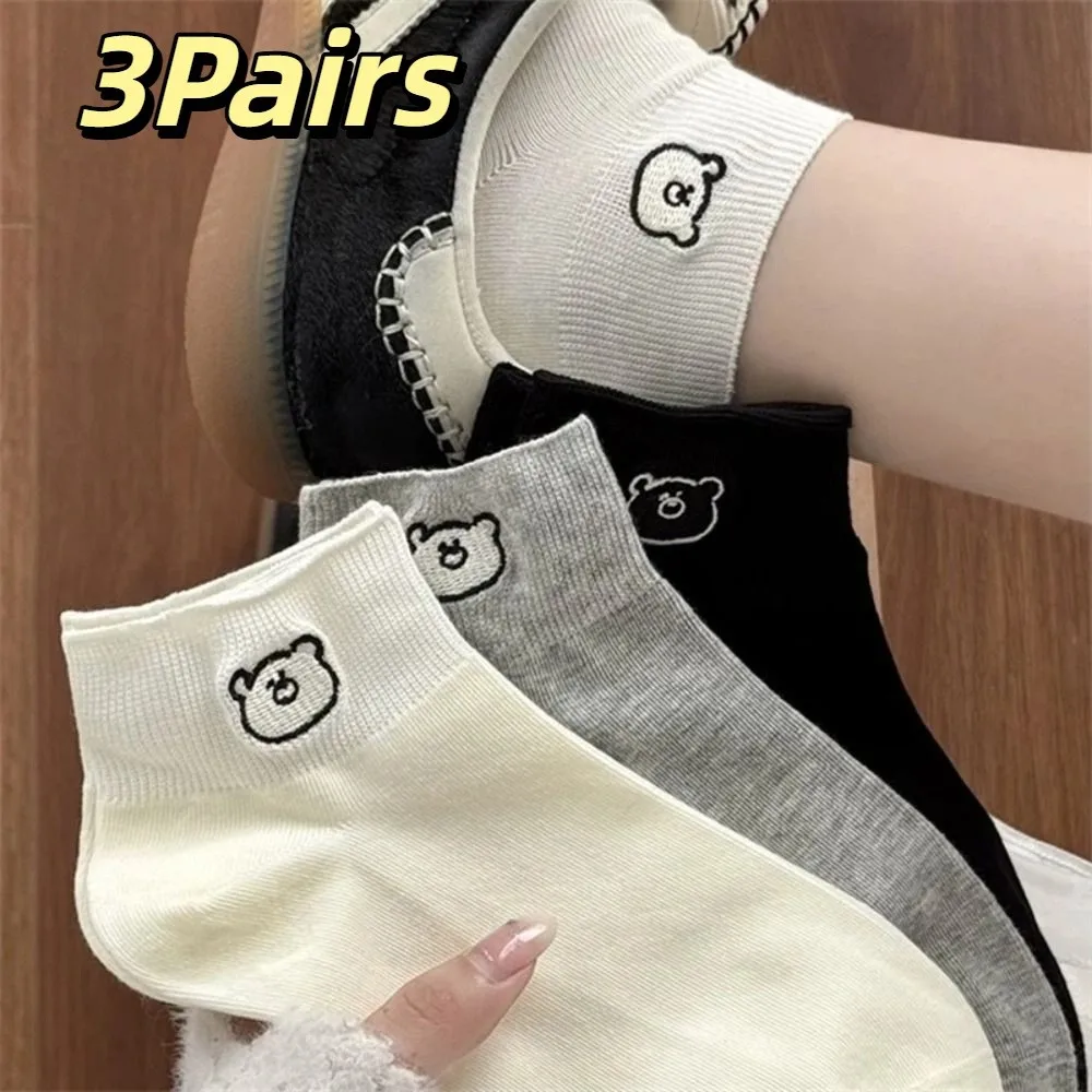 

3Pairs Cute Thin Embroidered Bear Socks Sweet Ins Style Sweet Ankle Socks Female Hosiery Kawaii Short Tube Socks Women Girl