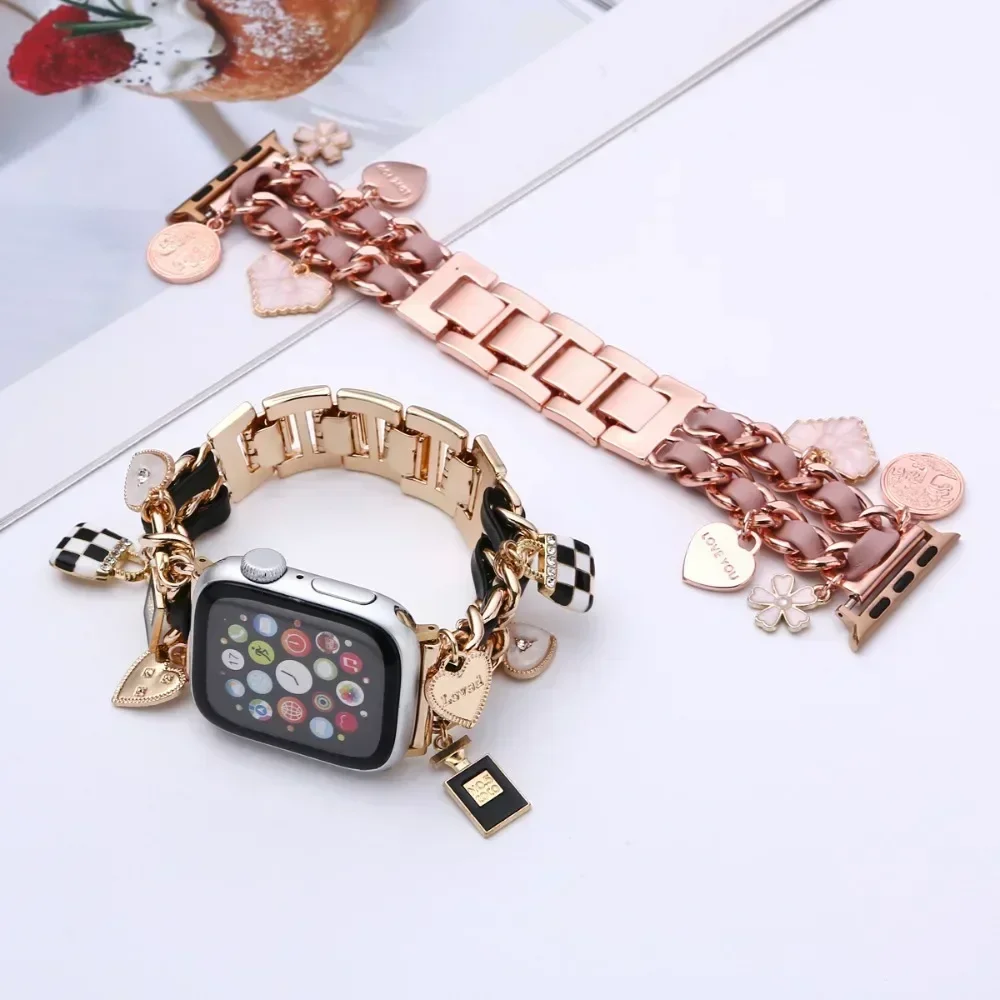 Women Metal+leather Strap for Apple Watch 10 42mm 46mm 9 8 7 41mm 45mm Cute Bracelet for Iwatch Series 6 5 Se 44mm 38 40mm Band