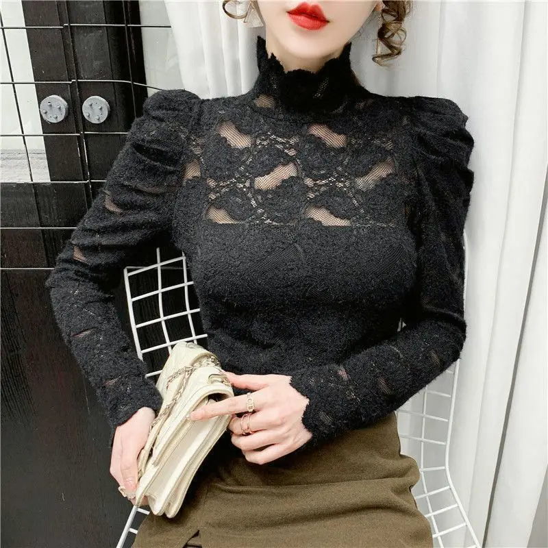 Elegant Lace Hollow Out Spliced Puff Sleeve Tops Shirt Autumn Winter Vintage Elegant Korean Turtleneck Mujer Sweet Lace Shirts