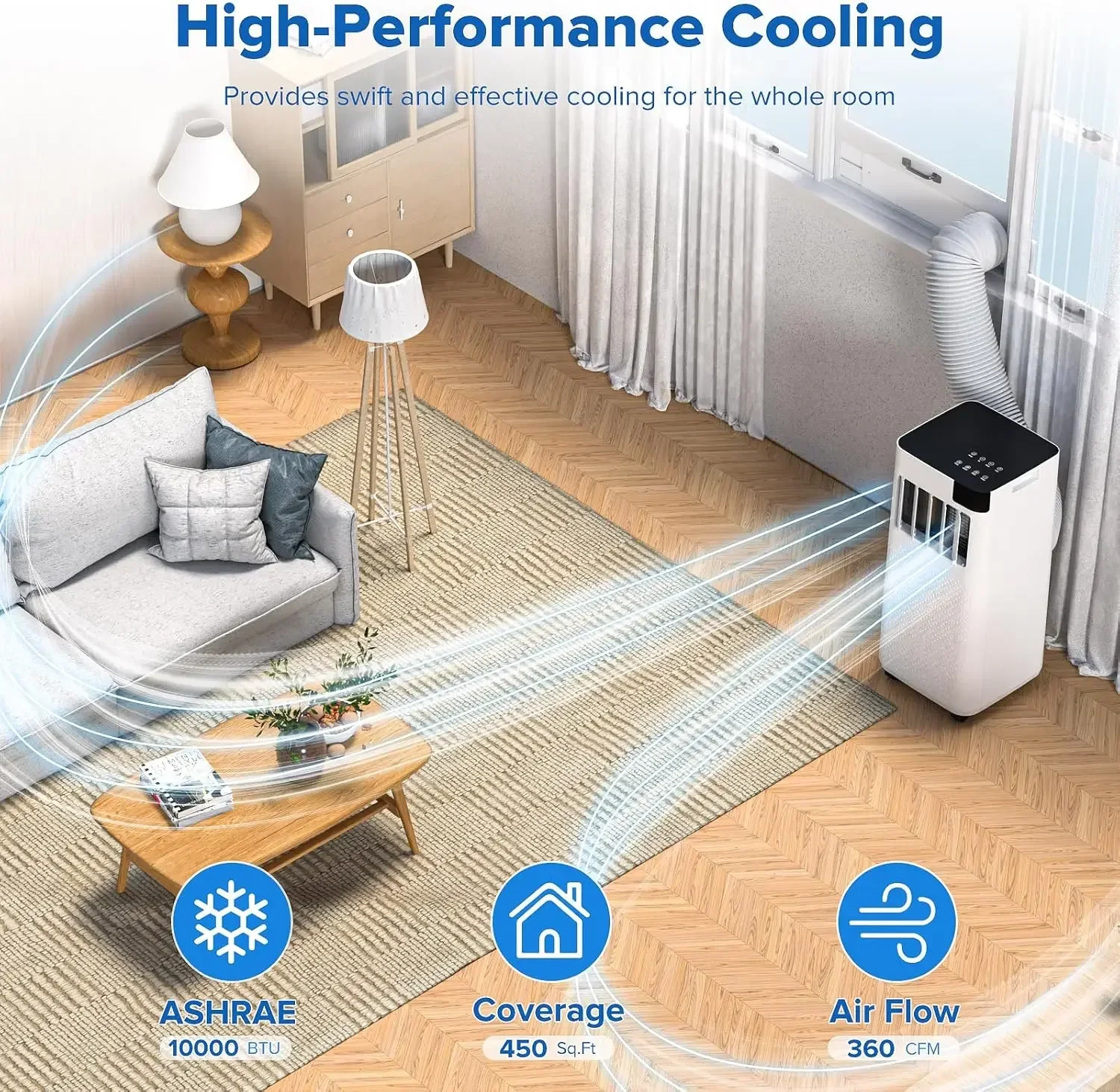 ポータブルエアコン、10,000 BTU ASHRAE (6000 BTU DOE) ポータブルAC 最大450平方フィート、4-in-1 ACユニット（急速冷却機能付き）