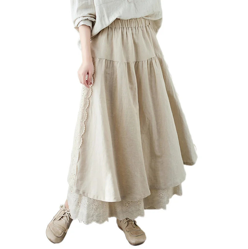 

Embroidered Patchwork Linen A-Line Midi Skirt plus Size Women's Loose Fit High Waist Double Layer Spring Faion Casual Skirt