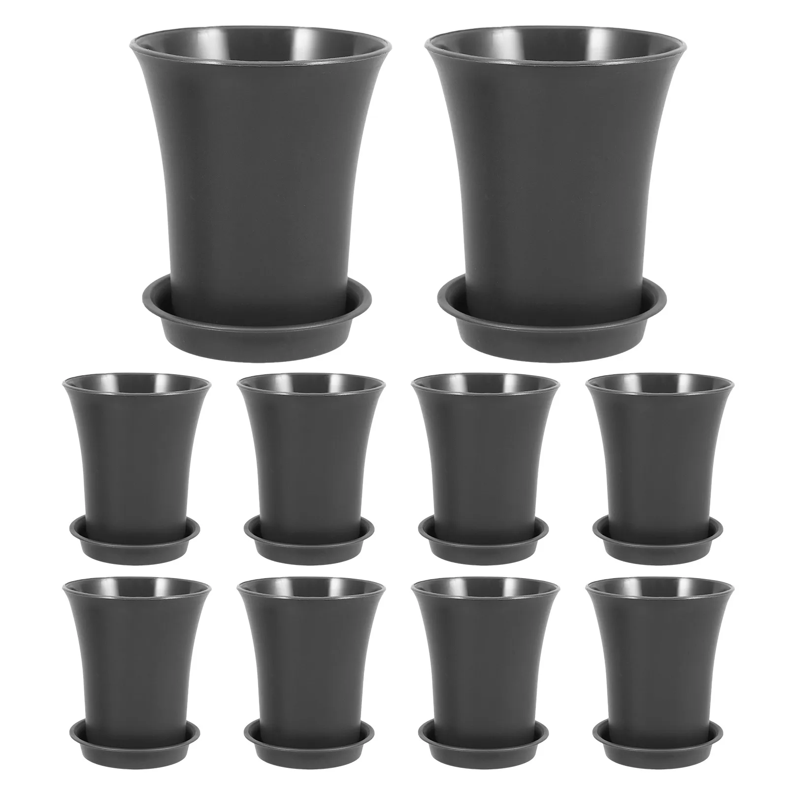 10 pçs plantadores de plástico redondos 9cm cinza escuro mini potes para plantas interior ao ar livre jardim plantio recipientes com bandeja pires