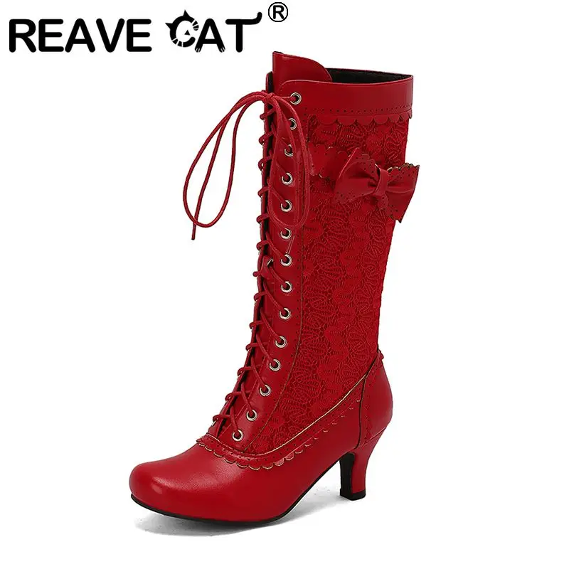 

REAVE CAT Sweet Wome Mid Calf Boots Round Toe Small Heels 6.5cm Zipper Lace Up Bowknot Mixed Color Big Size 45 46 47 Daily Bota