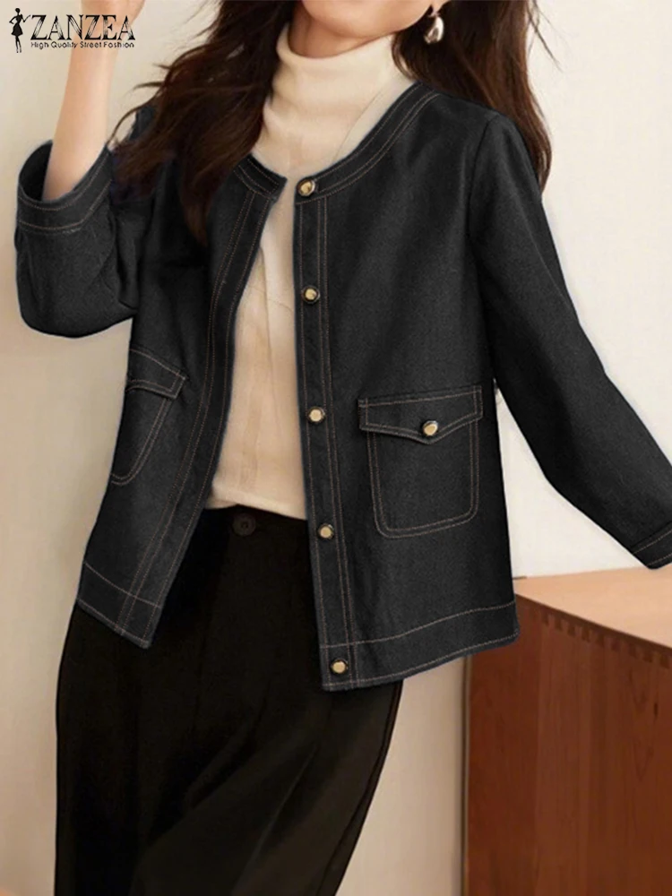 

ZANZEA, осенние однобортные пальто, женские модные куртки, 2021, элегантная верхняя одежда с длинными рукавами и однотонными карманами, винтажные джинсовые пальто