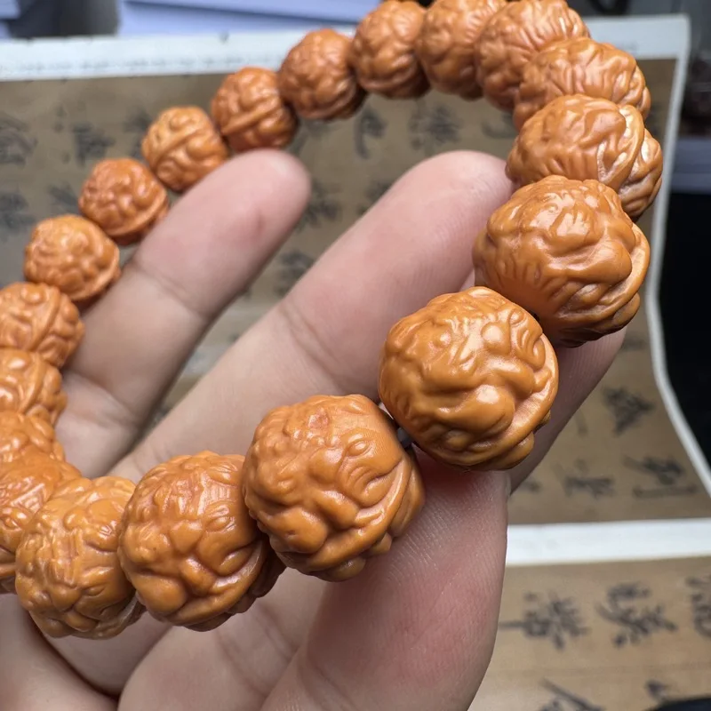 Monkey Head Carved Golden Toad Bracelet 14mm Walnut Beads