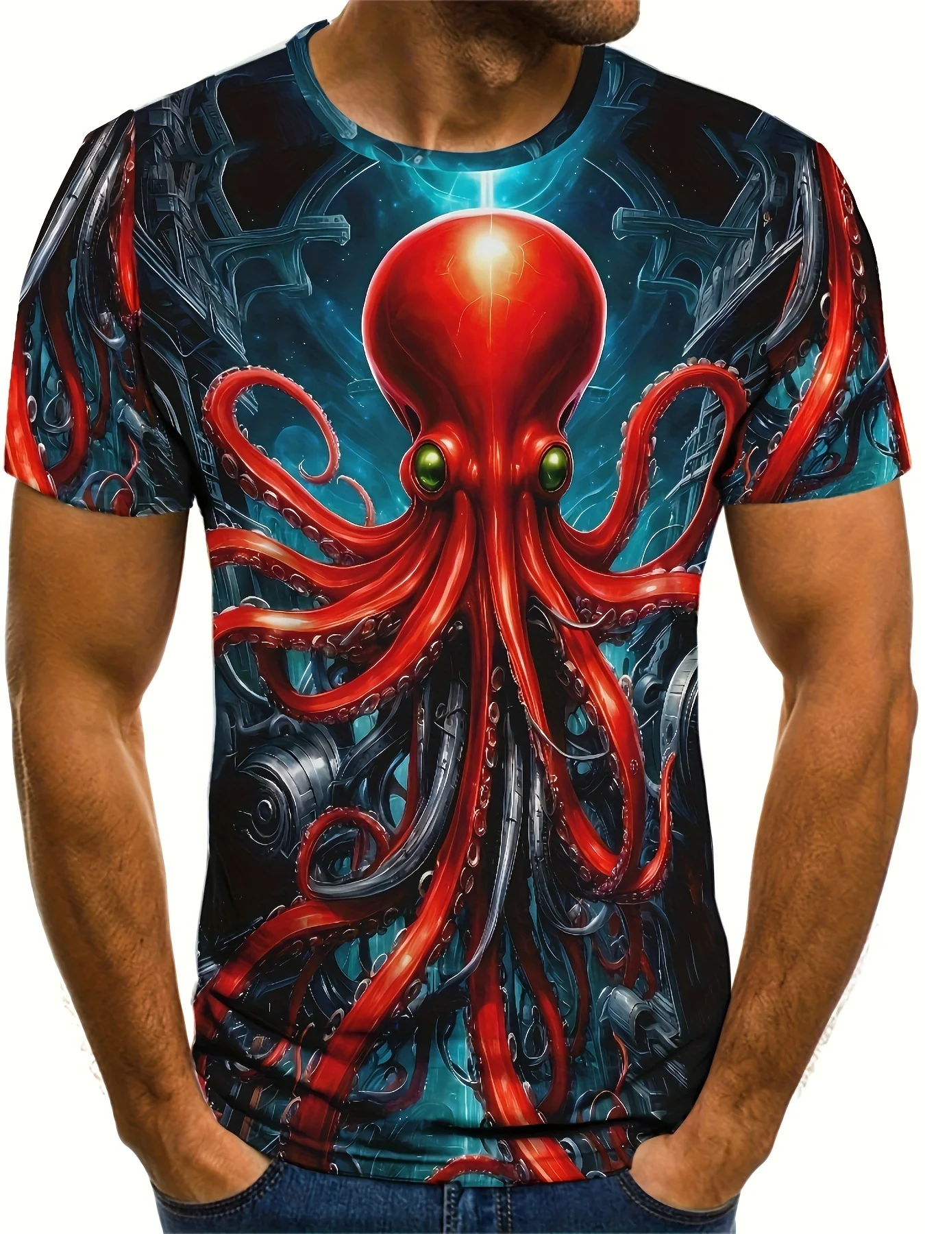 

Men's Vibrant 3D Octopus Print T-Shirt - Short Sleeve,Crew Neck,Stretchy Polyester Blend,Sporty & Casual Summer Top with