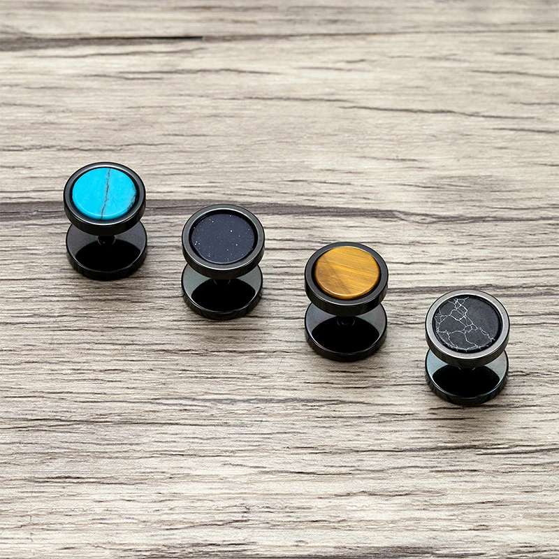 Trend Stainless Steel Ear Stud Men Turquoise Tiger Eye Blue Sand Stone Dumbbell Shape Earrings For Ｍale Hip Hop Rock Ear Jewelry