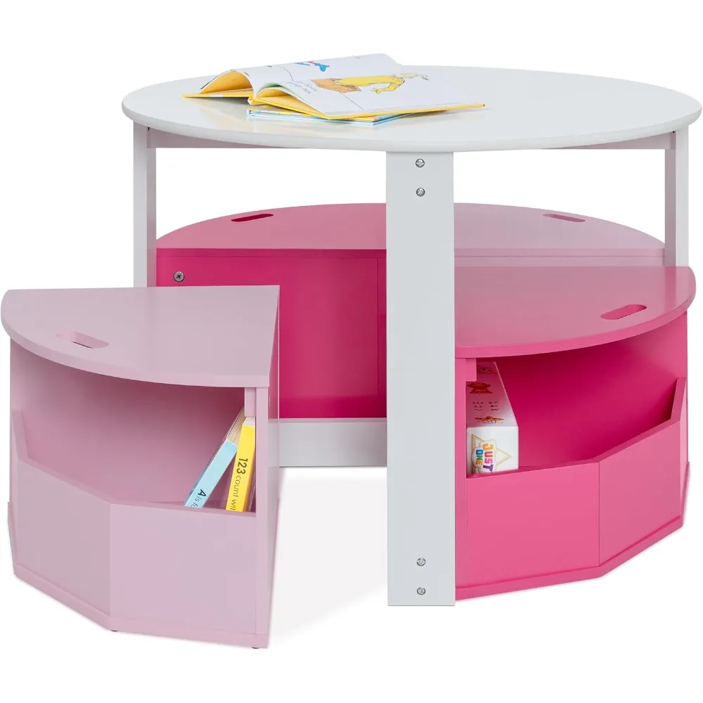 Kids Activity Table and Chair Set - Round Play and School Table with Storage for Children Ages 3-8 - Nesting Design (Pink)