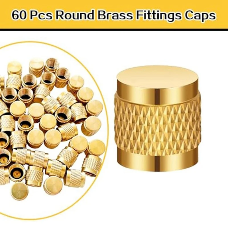 60Pcs 1/4 Flare Cap Round Brass Fittings Caps W/O Ring Cap HVAC Valve Caps For Home Industrial Manufacturing Component