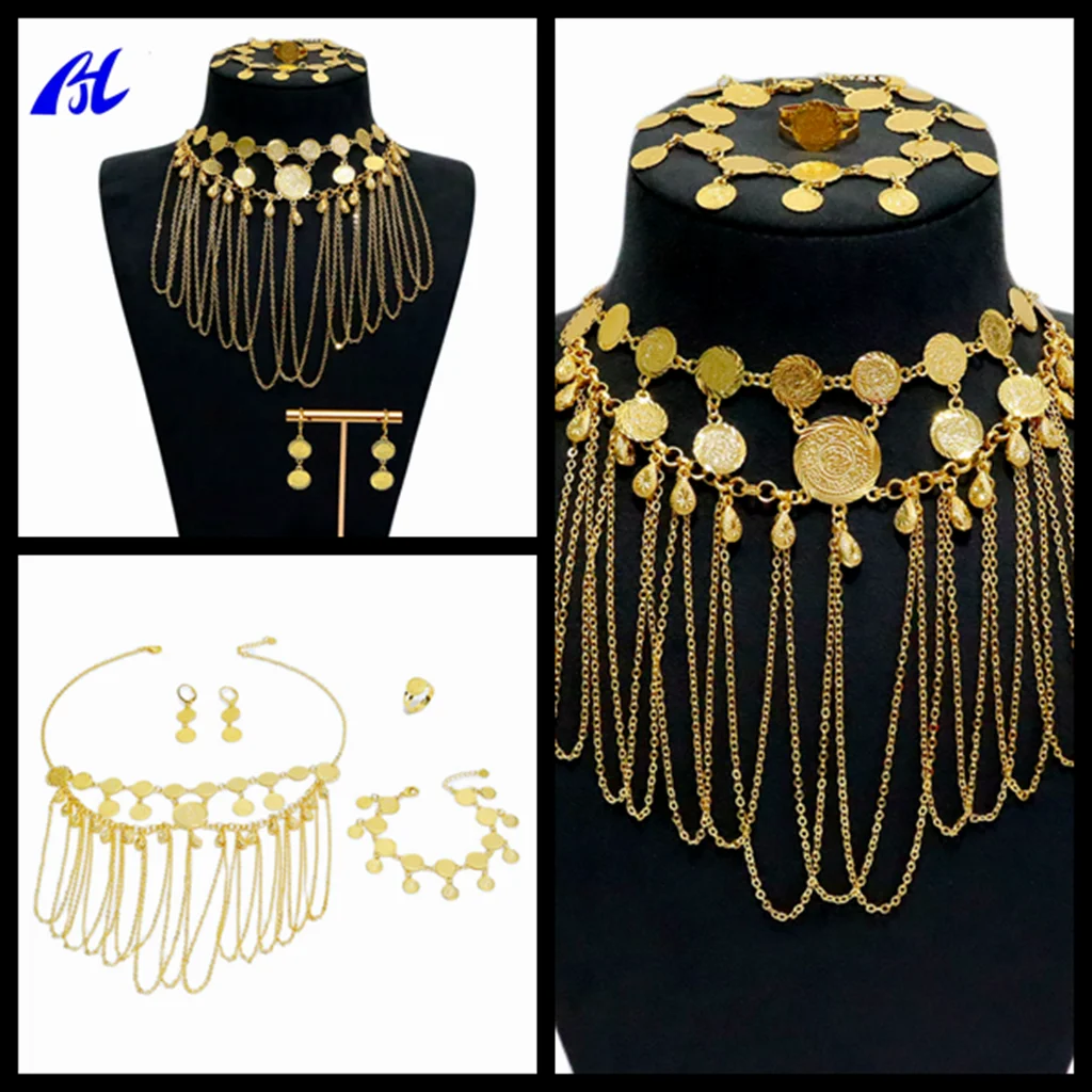 

Middle East Dubai Jewelry 21k gold plated necklace earrings Ring bracelet jewelry set four piece wedding set