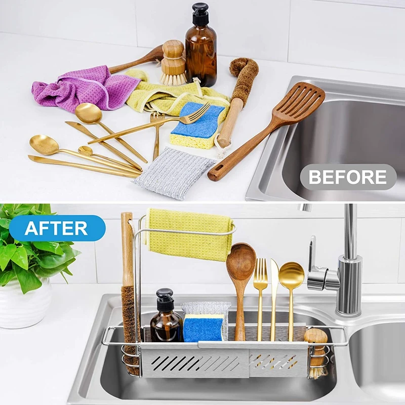 SEWS-Telescopic Sink Storage Rack Holder, Kitchen Rack Sink Organizer, Sink Storage Rack, Expandable Sink Basket Drying