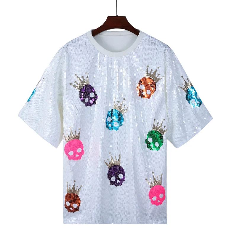 

Summer New Fashion Skulls Geometric Streetwear Loose T-Shirt Sequins Hip Hop Straight Night Club Short Sleeve Women's Tops