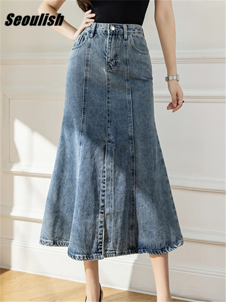 

Seoulish 2022 New Front Split Women's Denim Long Skirts High Wasit Blue Mermaid Jeans Skirts Female Chic A-Line Fishtail Skirts