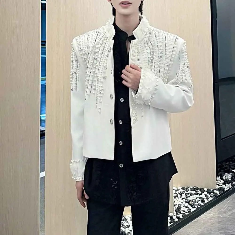 Men Spring Jacket Rhinestones Pearls Nightclub Jacket Streetwear Fashion Stage Performance Trend Hip Hop Top Men'S Clothing 2026