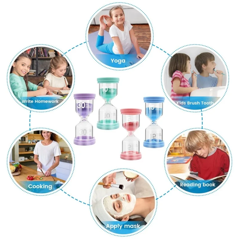 Hourglass Set Colour Children's Timer, Hourglass Colourful Hourglass Set, Egg Timers, 5/10/15/30 Minutes Glass Timer