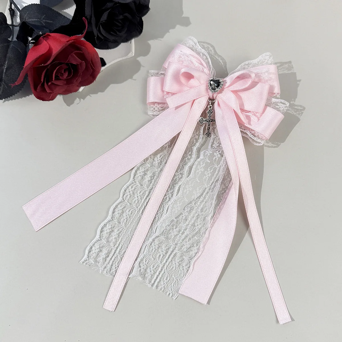 Gotische Schwarz-Rote Spitzen-Satin-Haarspange mit Vintage-Strass-Quaste, Lolita-Haaraccessoires für Alltag, Party und Hochzeit – Detail 14
