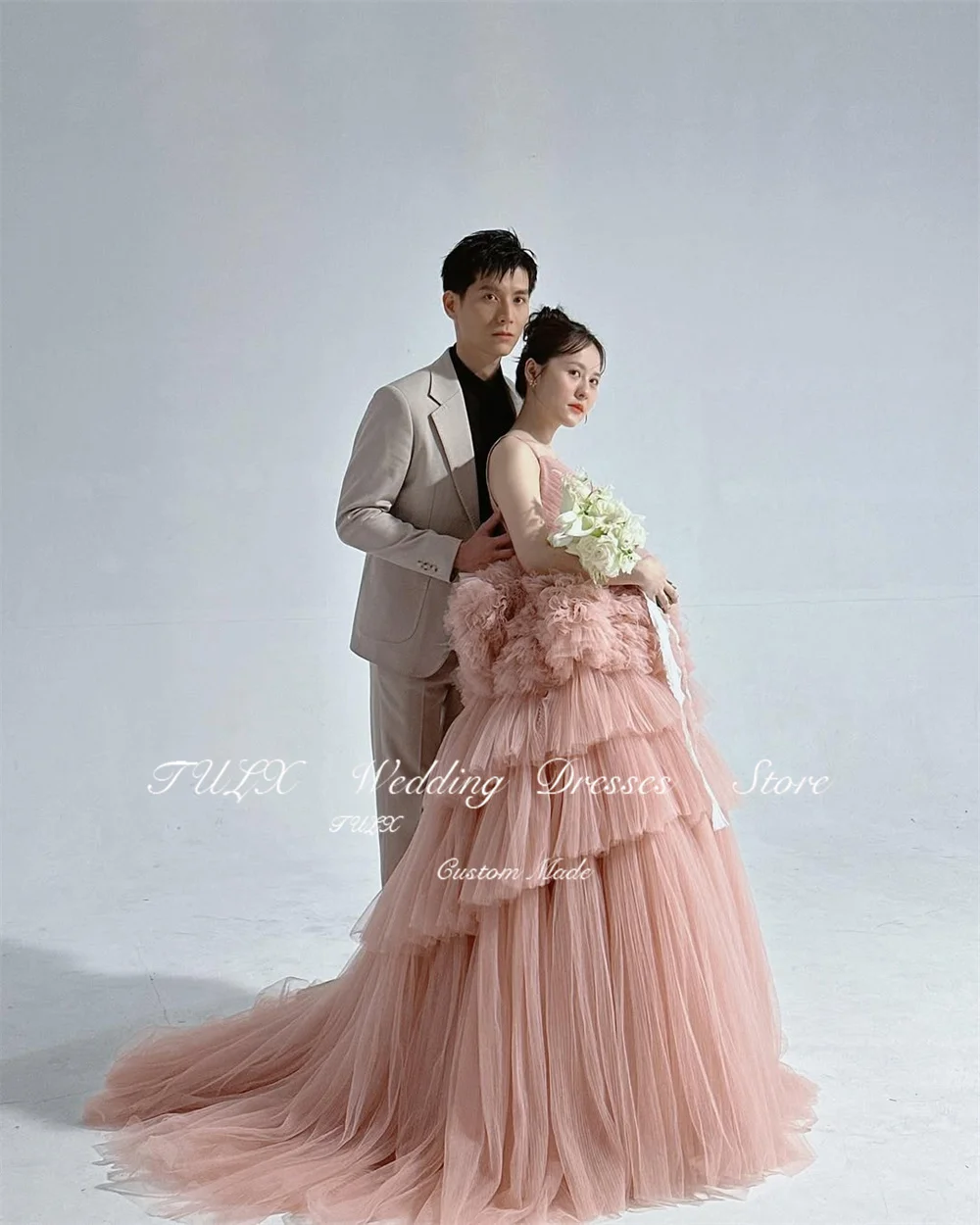 TULX Fairy Tulle Evening Dress Korea Wedding Photo Shoot V Neck Strap A line Long Tiered Bridal Party Dress Corset Customized