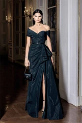 Sexy Off-The-Shoulder Evening Dress With High Slits And A-line Skirt With Pleats At The Waist And A Smart Bow Tie Party Dress