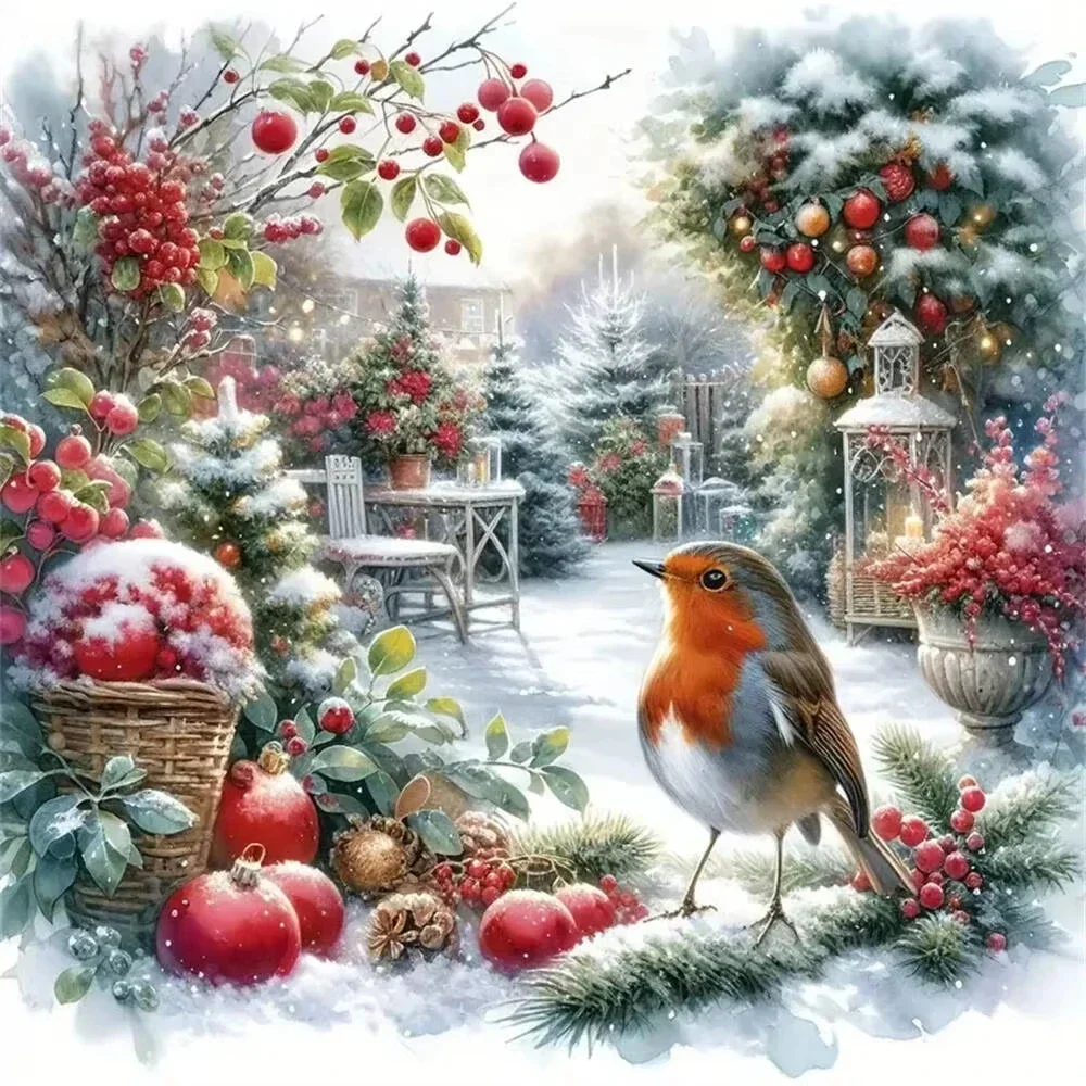 Winter Robin Bird Christmas Berry Scenery Diamond Painting, Living Room Bedroom Wall Decor 5D DIY Handmade Mosaic Gift