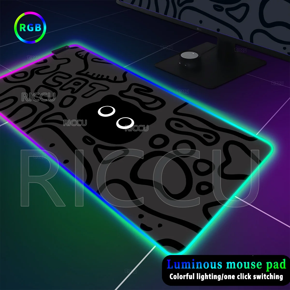 

RGB Kawaii Cat Backlight Keyboard Expansion Mouse Pad LED Glowing Mat Black Hand Drawn Gaming Laptop Pc Game Home Office Setup