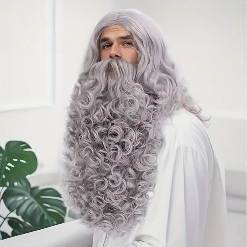 Santa\'s Super Fluffy Grey Wig & Beard Set - Synthetic Curls for Memorable Cosplay and Halloween Costumes for Christmas J47801S