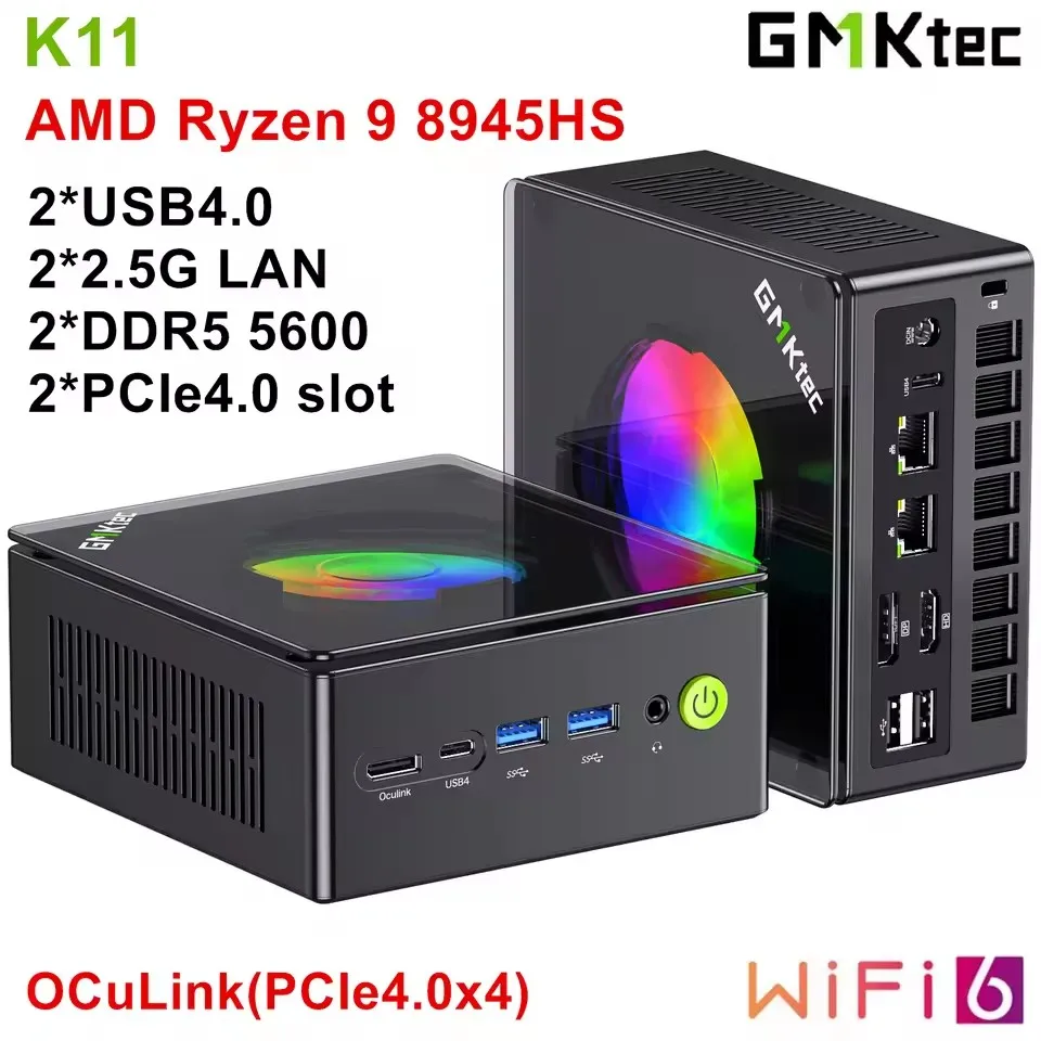 GMKtec 2*2.5G LAN Gaming Mini PC Nucbox K11 AMD Ryzen 9 8945HS OCuLink 2*USB4 2*DDR5 2*PCIe Desktop RGB Computer Windows11 WiFi6