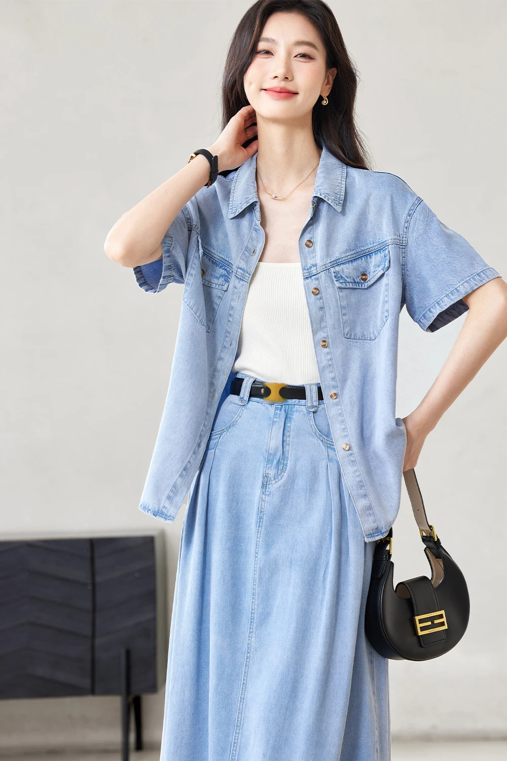 VIMLY Women Vintage Washed Lycra Denim Skirt Set Lapel Pocket Short Sleeve Cardigan Shirt Top+High Waist Skirts 2 Piece Set