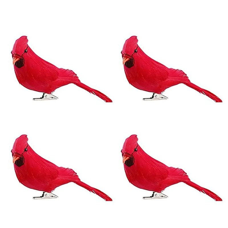 4pcs Imitation Red Birds Clips On Christmas Tree Decorations Simulation Bird Ornament Wedding Garden Home Decor