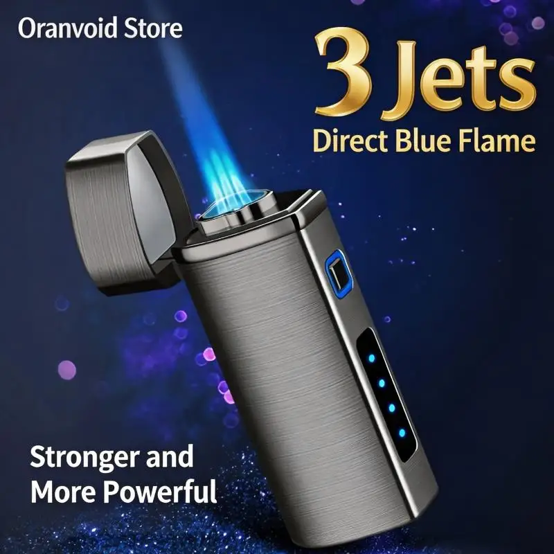 Metall-USB-Dreifachbrenner, LED-Jet-Zigarrenfeuerzeug mit drei Düsen, winddichtes Turbo-Zigarrenfeuerzeug, Raucherzubehör, Geschenk für Männer