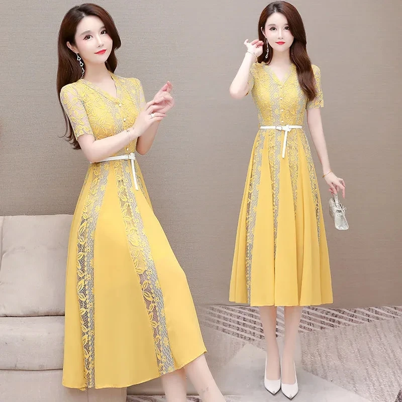 Summer Dress High-end Chiffon Dress Women's 2022 New Lace-up Slim High-End Fashion Mid-Length Lace Dress Party Blue Yellow M-5XL