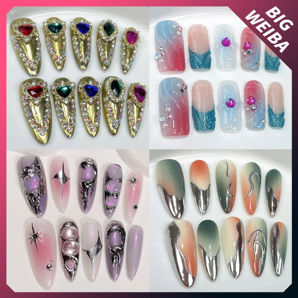 

10PCS Handmade Luxury Diamond Press On Nail Art Color Gradient Aurora Design Shining Star Diy Butterfly Pearl Fake Nails Tips