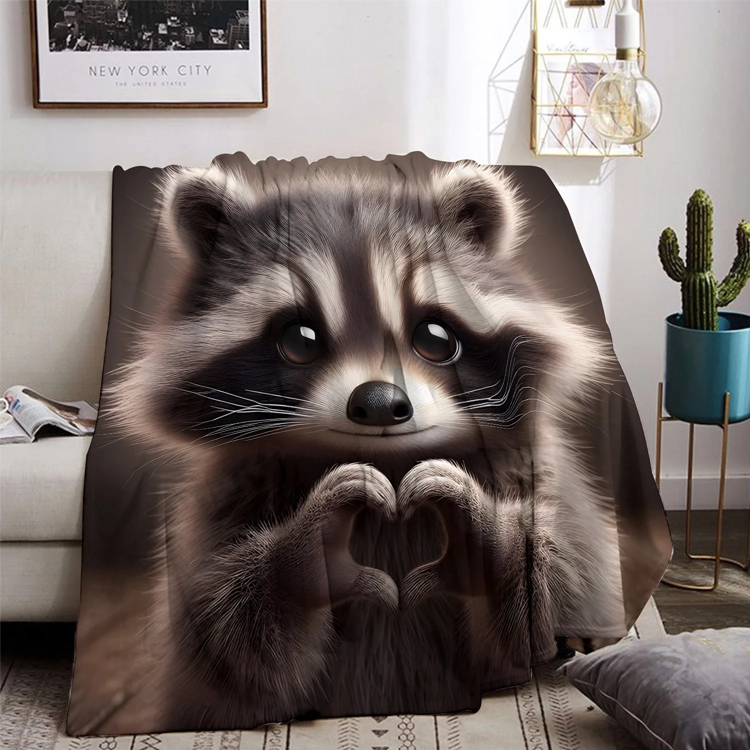 Adorable Raccoon with Heart Hands Blanket - Soft, Cozy, Stylish Decor for Ultimate Home Comfort and Ideal Gift Choice