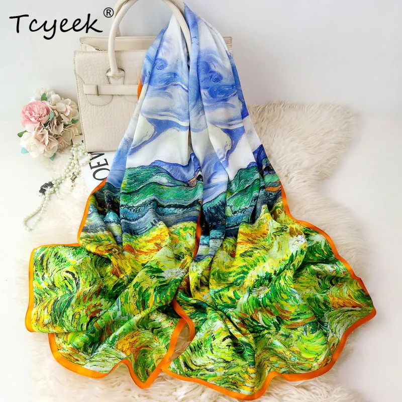 

Tcyeek, 12MM 100%Real Slik Elegant Scarves, 170cm Floral Printed, Mom Gift Commute Retro Chic Scarf, 2024 Autumn New A47620QM