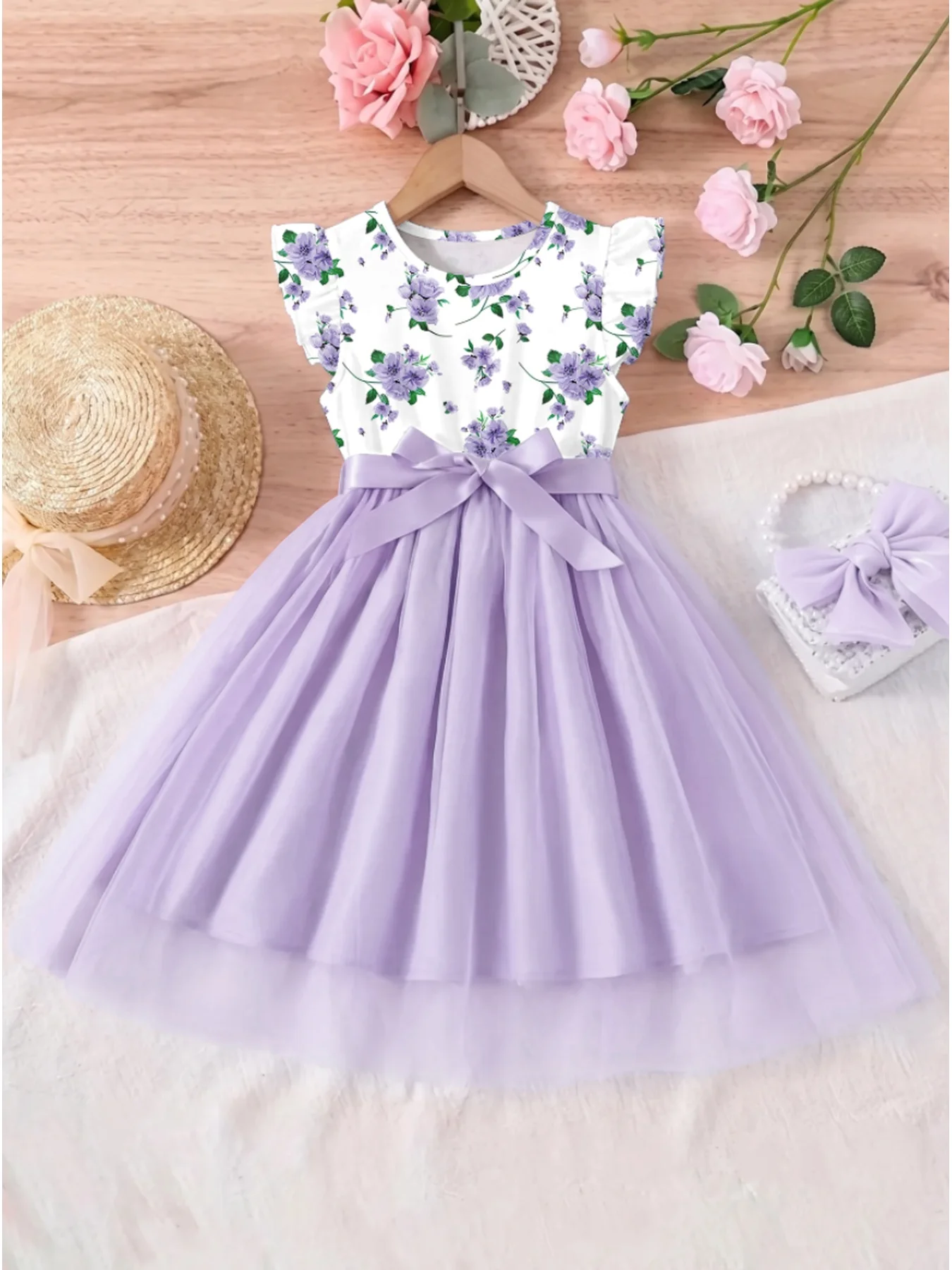 Casual round Neck Ruffle Edge Sleeveless Waist Cinching Strap Mesh Dress for Children And Women Medium Long Skirt