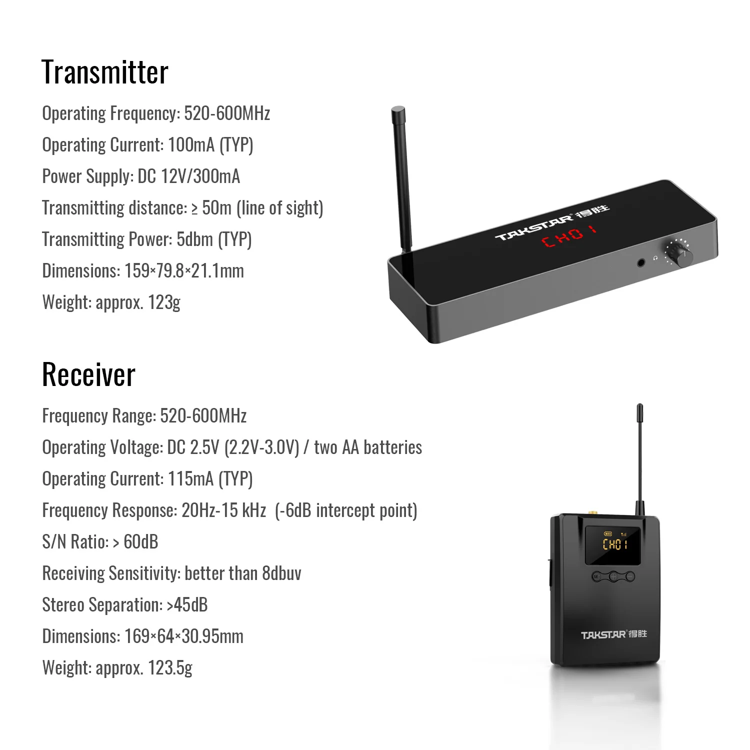 

For Takstar WPM-300 UHF Stereo Wireless Monitor System 10-Channel In-Ear Ribbon Microphone 520-600 MHz Transmitter Bodypack