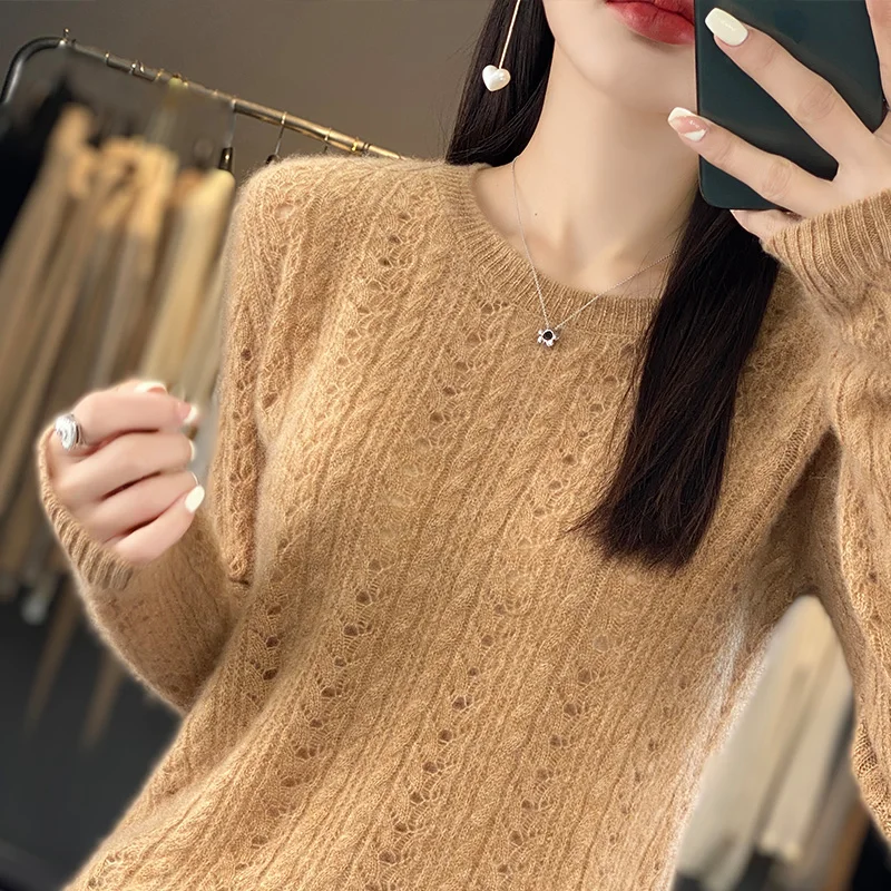 Autumn/Winter New 100% Pure Wool Sweater Casual Solid Color Knit Blouse Round Neck Hollow Tops Loose Fashion Ladies Pullover