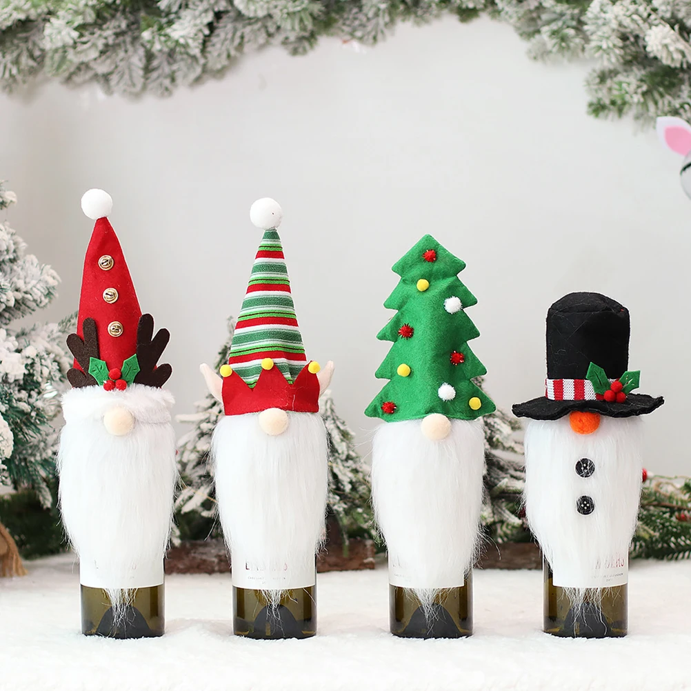 

4Pcs Christmas Tree Wine Bottle Set Rudolph Wine Bottle Cap Kitchen Table Dress Up Props Christmas Decorations