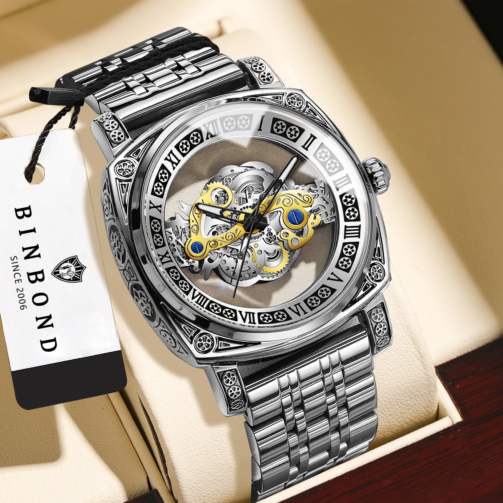 BINBOND Men Retro Carved Hollow Quartz Watch, Faux Tourbillon Luminous Genuine Leather Strap Sports Business Wristwatch