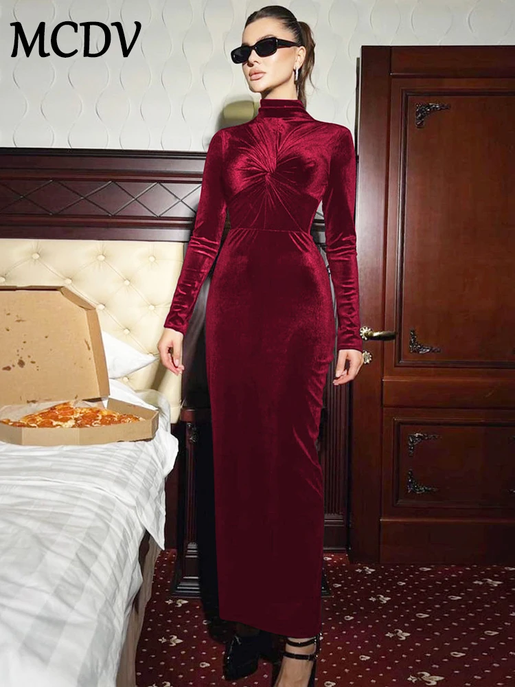 

MCDV Velvet Maxi Dress Women 2024 Autumn Winter Long Sleeve Twist Turtleneck Long Dress Elegant Party Club Bodycon Dresses Lady