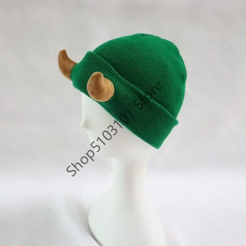 X6HE Cappello a cuffia per festa Halloween Copricapo per festival per cappello in maglia con corno da diavolo per adulti