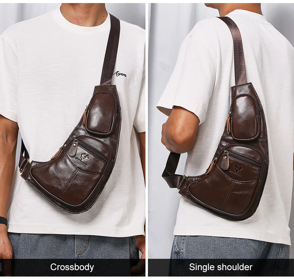 

Genuine leather multi-pocket crossbody chest bag, multi-pocket large-capacity retro men's crescent-shaped crossbody bag